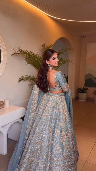 Designer Slate Blue Crepe Silk Lehenga with Glass Silk Embroidered Dupatta For Wedding Wear Designer Lehenga Choli