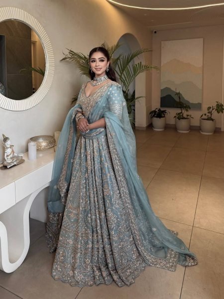 Designer Slate Blue Crepe Silk Lehenga with Glass Silk Embroidered Dupatta For Wedding Wear Designer Lehenga Choli