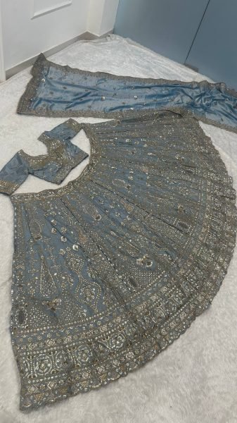 Designer Slate Blue Crepe Silk Lehenga with Glass Silk Embroidered Dupatta For Wedding Wear Designer Lehenga Choli