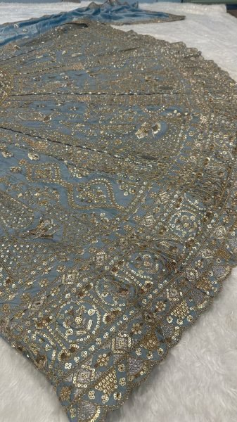 Designer Slate Blue Crepe Silk Lehenga with Glass Silk Embroidered Dupatta For Wedding Wear Designer Lehenga Choli