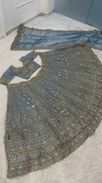Designer Slate Blue Crepe Silk Lehenga with Glass Silk Embroidered Dupatta For Wedding Wear Designer Lehenga Choli