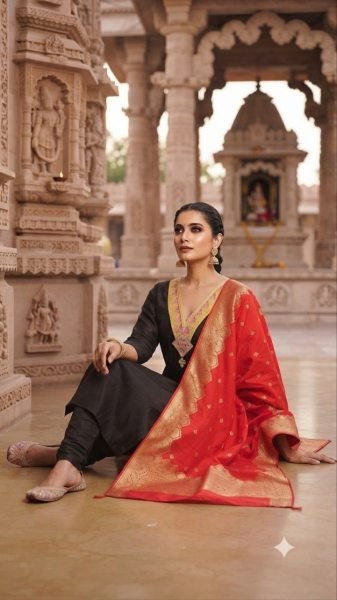 Designer Slub Cotton Kurti Pant Dupatta Set with Elegant Embroidery Work and Premium Jacquard Dupatta for Festive Wear Embroidery Kurtis 