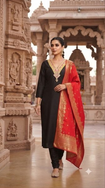 Designer Slub Cotton Kurti Pant Dupatta Set with Elegant Embroidery Work and Premium Jacquard Dupatta for Festive Wear Embroidery Kurtis 