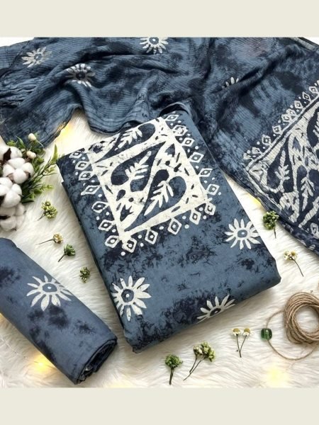 Designer Steel Blue Wax Batik Print Dress Material Fabric for Women's Ethnic Wear