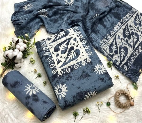 Designer Steel Blue Wax Batik Print Dress Material Fabric for Women's Ethnic Wear Color Set Matching Dress Material Wholesale