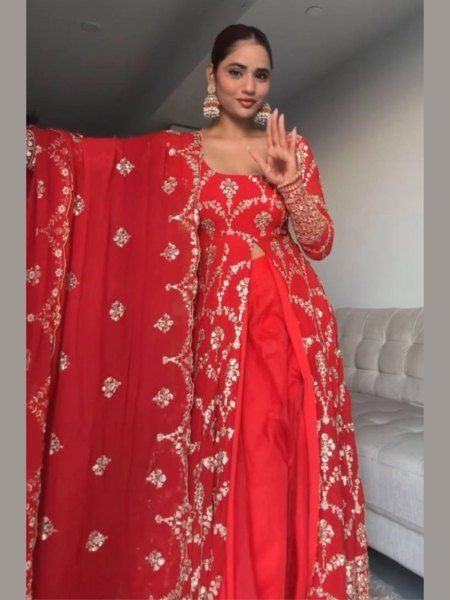 Designer Suit Set in Faux Georgette with Heavy Thread Embroidery Partywear Special Ready To Wear Suit