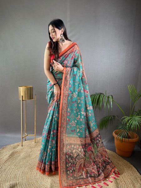 Designer Teal Green Boutique Quality Pure Malai Cotton Saree with Beautiful Tassels Sarees 