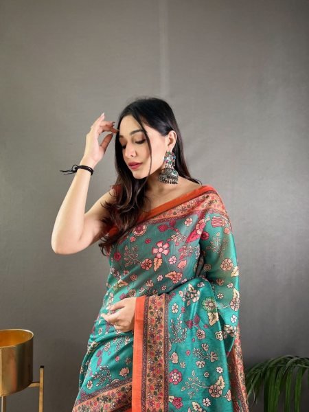 Designer Teal Green Boutique Quality Pure Malai Cotton Saree with Beautiful Tassels Printed Cotton Sarees Wholesale