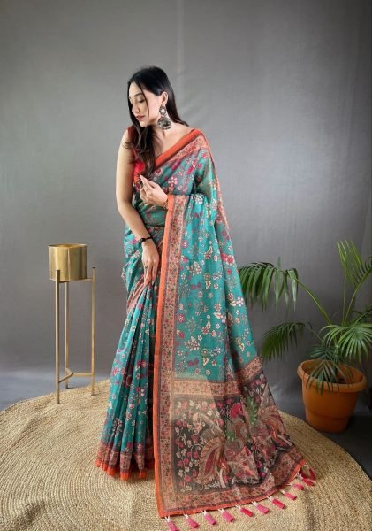 Designer Teal Green Boutique Quality Pure Malai Cotton Saree with Beautiful Tassels Printed Cotton Sarees Wholesale