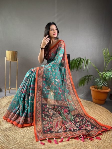 Designer Teal Green Boutique Quality Pure Malai Cotton Saree with Beautiful Tassels Printed Cotton Sarees Wholesale