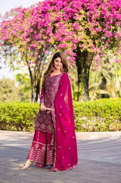 Designer Trend In a Pink Wedding Wear Look Fancy Top-Dupatta and Fully Stitched Sharara Set Ready To Wear Collection