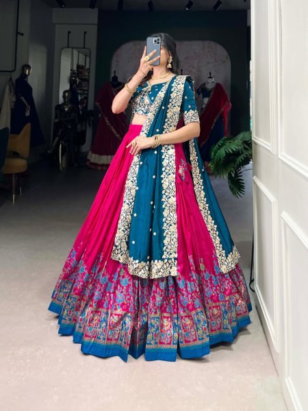 Designer Tussar Silk Lehenga Choli Set With Foil Print And Embroidered Dupatta Buy Lehenga Choli Online From Surat Designer Lehenga Choli