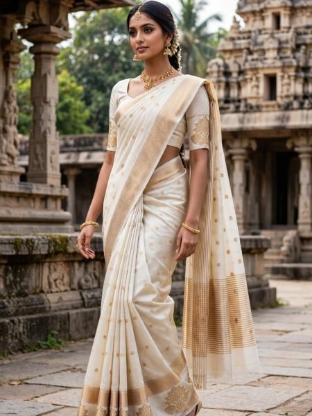 Designer Tusser Silk White Temple Saree with Traditional Chit Pallu at Wholesale Rate 