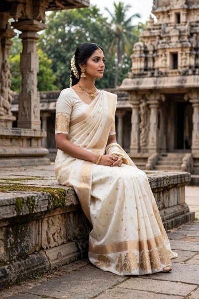Designer Tusser Silk White Temple Saree with Traditional Chit Pallu at Wholesale Rate Silk Sarees Wholesale