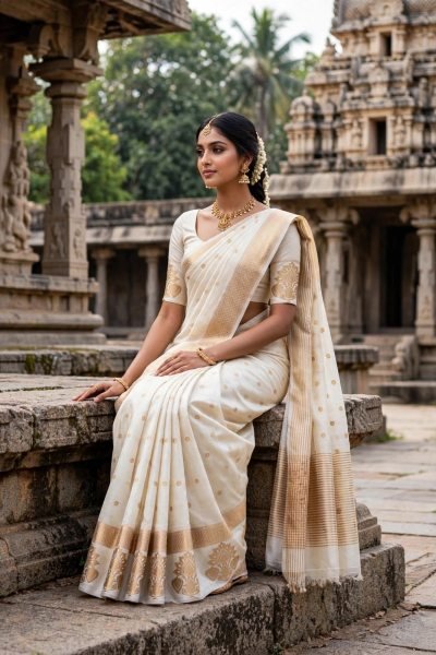 Designer Tusser Silk White Temple Saree with Traditional Chit Pallu at Wholesale Rate Silk Sarees Wholesale