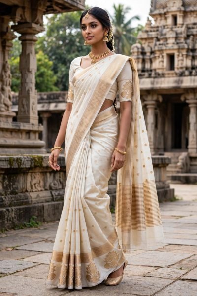 Designer Tusser Silk White Temple Saree with Traditional Chit Pallu at Wholesale Rate Silk Sarees Wholesale