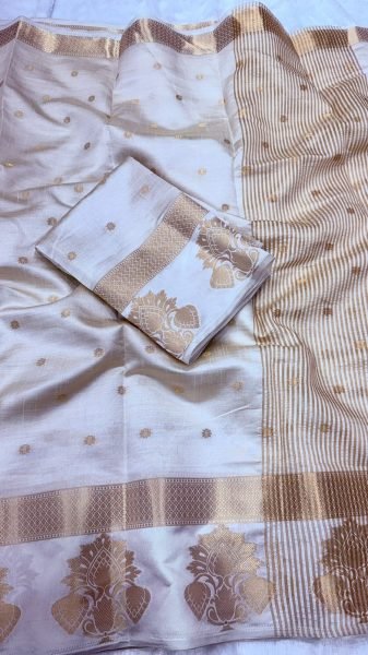 Designer Tusser Silk White Temple Saree with Traditional Chit Pallu at Wholesale Rate Silk Sarees Wholesale