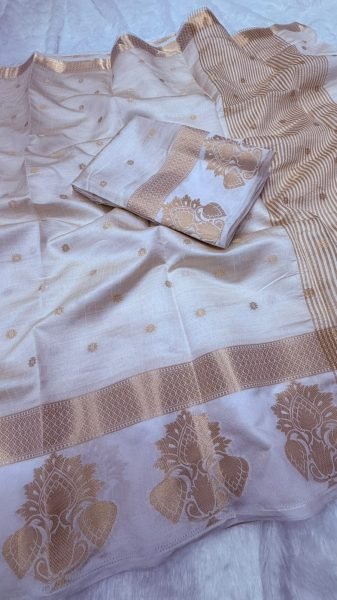 Designer Tusser Silk White Temple Saree with Traditional Chit Pallu at Wholesale Rate Silk Sarees Wholesale