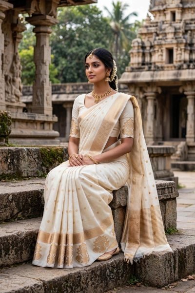 Designer Tusser Silk White Temple Saree with Traditional Chit Pallu at Wholesale Rate Silk Sarees Wholesale