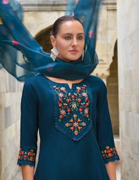 Designer Viscose Party Wear Organza Embroidery Lace Work Kurtis  3 Piece Kurti Set