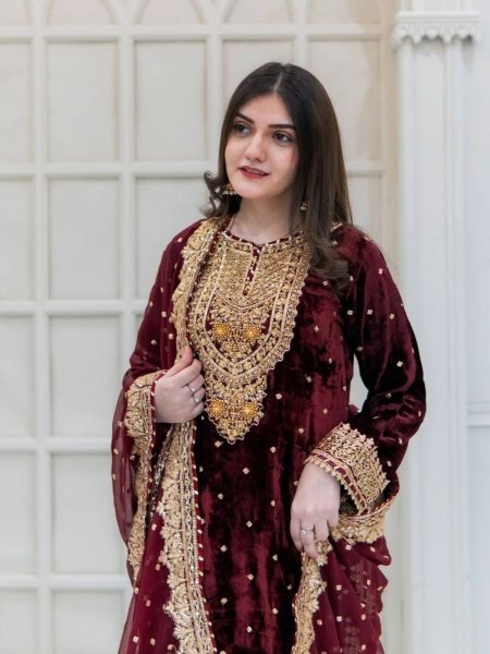 Designer Viscose Velvet Suit With Embroidery Sequence Work