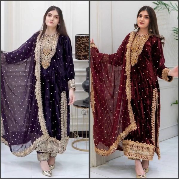 Designer Viscose Velvet Suit With Embroidery Sequence Work Ready To Wear Collection