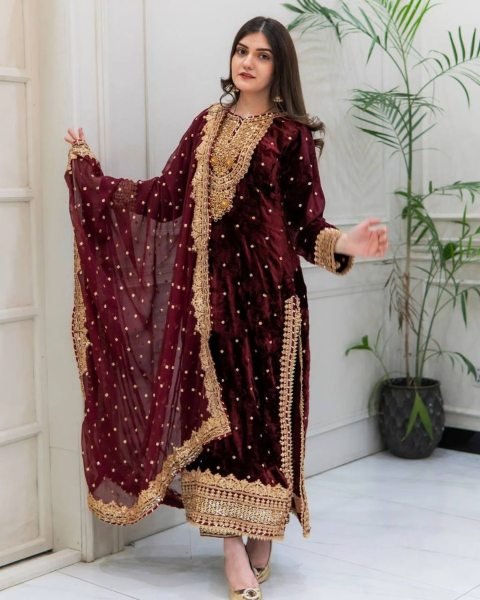 Designer Viscose Velvet Suit With Embroidery Sequence Work Ready To Wear Collection