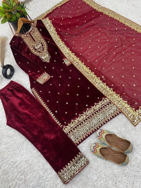 Designer Viscose Velvet Suit With Embroidery Sequence Work Ready To Wear Collection
