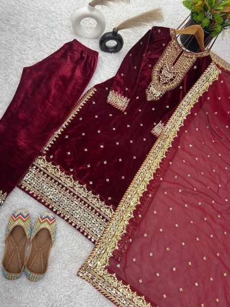 Designer Viscose Velvet Suit With Embroidery Sequence Work Ready To Wear Collection