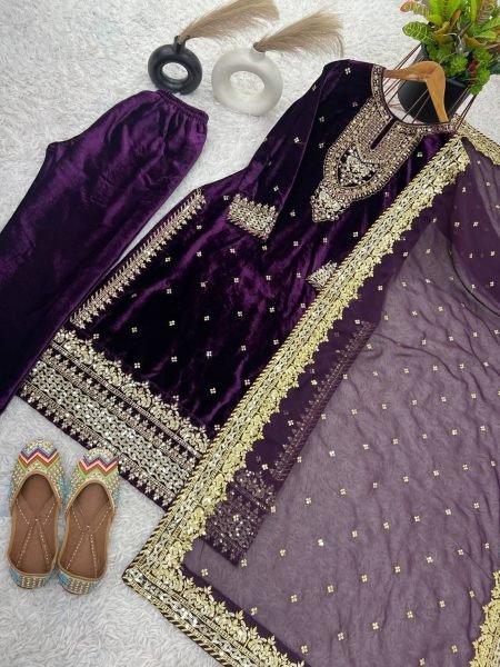 Designer Viscose Velvet Suit With Embroidery Sequence Work Ready To Wear Collection