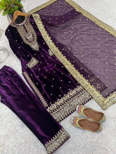 Designer Viscose Velvet Suit With Embroidery Sequence Work Ready To Wear Collection