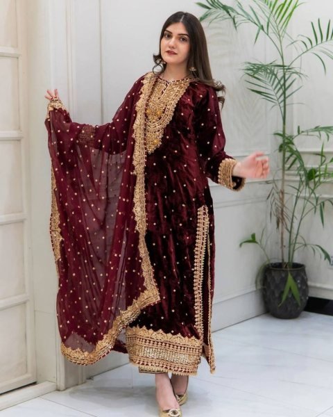 Designer Viscose Velvet Suit With Embroidery Sequence Work Ready To Wear Collection