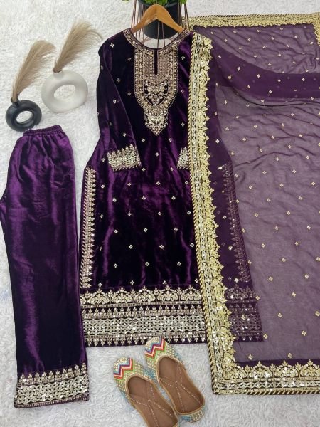 Designer Viscose Velvet Suit With Embroidery Sequence Work Ready To Wear Collection