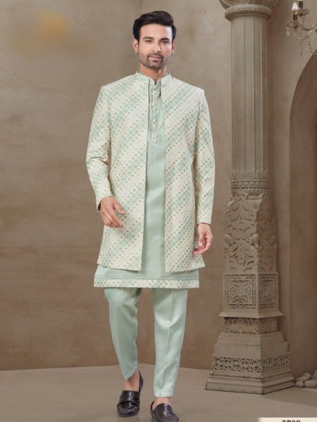 Designer Wedding Wear for Men Ethnic Printed Jacket Kurta Pajama Set in Soft Malai Silk Look 