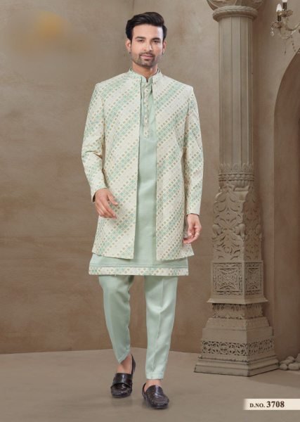 Designer Wedding Wear for Men Ethnic Printed Jacket Kurta Pajama Set in Soft Malai Silk Look Kurta Pajama Wholesale