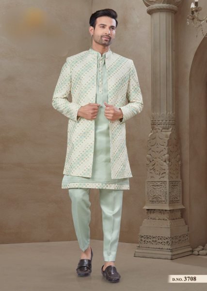 Designer Wedding Wear for Men Ethnic Printed Jacket Kurta Pajama Set in Soft Malai Silk Look Kurta Pajama Wholesale