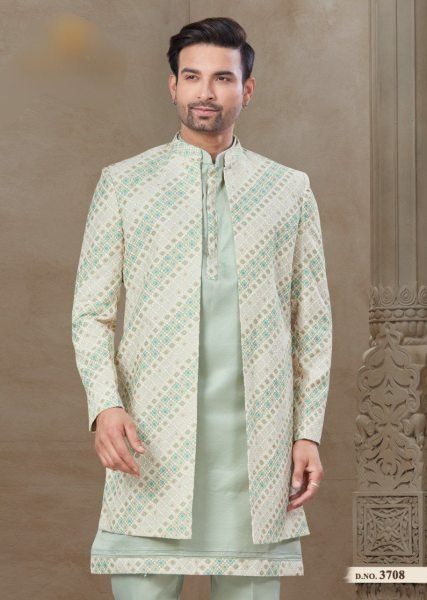 Designer Wedding Wear for Men Ethnic Printed Jacket Kurta Pajama Set in Soft Malai Silk Look Kurta Pajama Wholesale