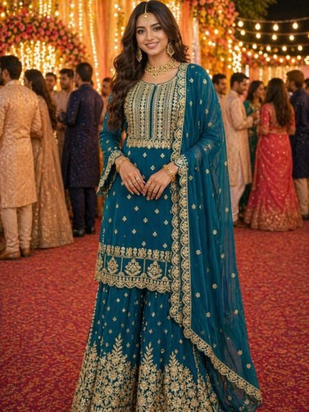 Designer Wedding Wear Teal Heavy Work Sharara Suit for Women Salwar Kameez
