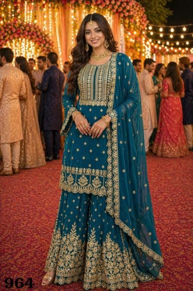 Designer Wedding Wear Teal Heavy Work Sharara Suit for Women Designer Plazzo Salwar Suits Wholesale