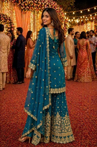 Designer Wedding Wear Teal Heavy Work Sharara Suit for Women Designer Plazzo Salwar Suits Wholesale
