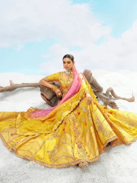 Designer Wedding Yellow Gold Bridal Lehenga Choli with Embroidery Cutwork Border Bridal Lehenga Choli