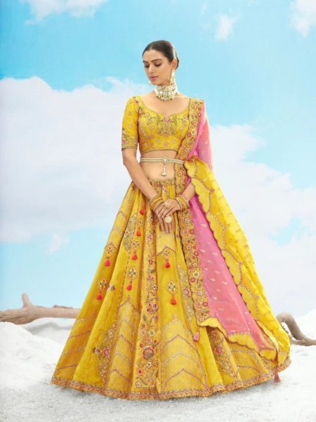 Designer Wedding Yellow Gold Bridal Lehenga Choli with Embroidery Cutwork Border Bridal Lehenga Choli