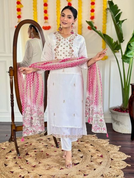 Designer White Chanderi Suit Set with Embroidered Details and Printed Dupatta