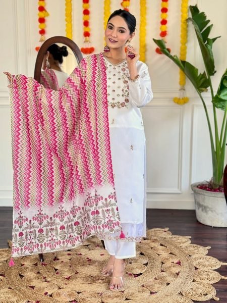 Designer White Chanderi Suit Set with Embroidered Details and Printed Dupatta 3 Piece Kurti Set