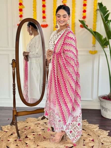 Designer White Chanderi Suit Set with Embroidered Details and Printed Dupatta 3 Piece Kurti Set