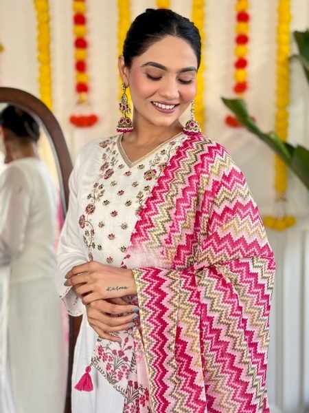 Designer White Chanderi Suit Set with Embroidered Details and Printed Dupatta 3 Piece Kurti Set