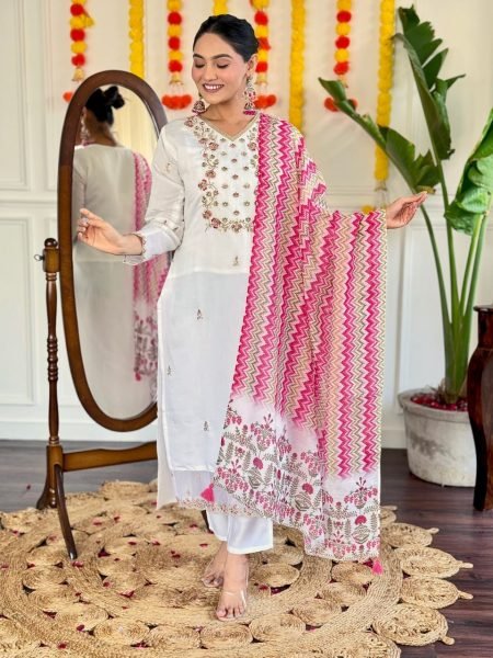 Designer White Chanderi Suit Set with Embroidered Details and Printed Dupatta 3 Piece Kurti Set