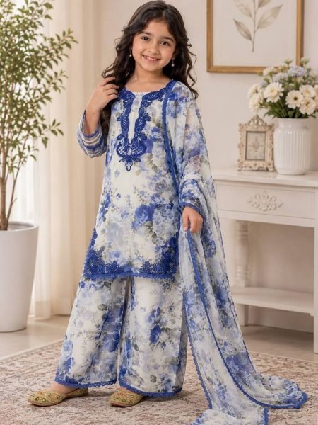 Designer White Girls Heavy Faux Georgette Suit Set with Embroidered Top and Palazzo Kurtis