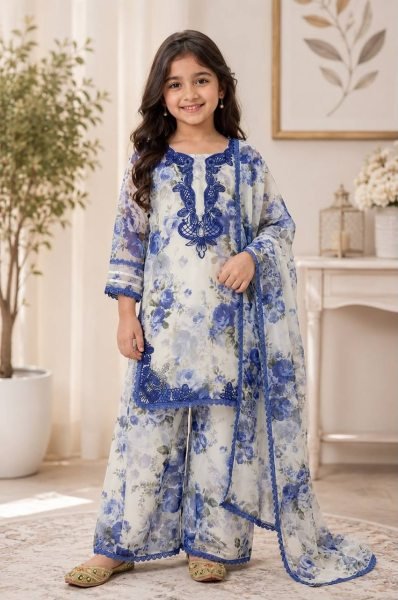 Designer White Girls Heavy Faux Georgette Suit Set with Embroidered Top and Palazzo Girls Wear