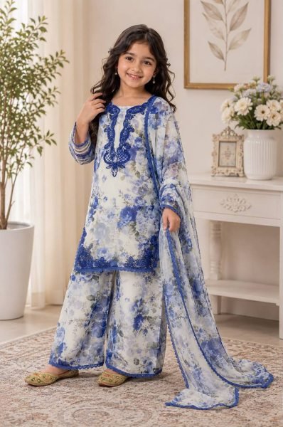 Designer White Girls Heavy Faux Georgette Suit Set with Embroidered Top and Palazzo Girls Wear